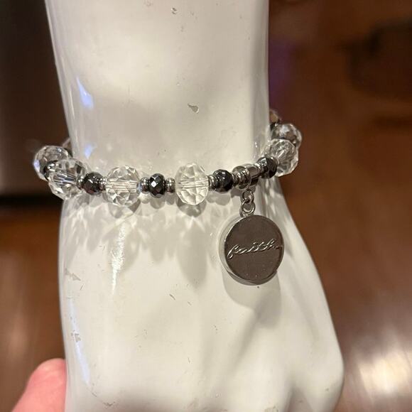 Rustic Cuff Christian Faith Stretch Bracelet Silver & Clear Beads Charm Logo - Picture 6 of 16